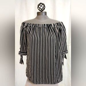 H&M Blouse Short Sleeve Top Black & White Stripes SZ 12 Bow Ties